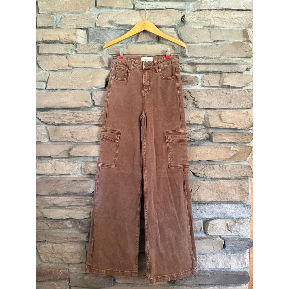 Risen Jeans Brown Wide Leg Cargo Pant High Rise Utility Denim RDP5488 Women 3/26